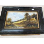 An oil on board of a country scene with cottage,