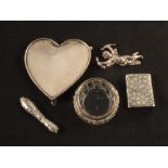 A silver heart shaped dish on feet, silver vesta,