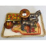 Russian items to include lacquer ware plus a pair of metal horses