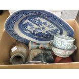 A Victorian Willow pattern meat plate (as found) plus other china