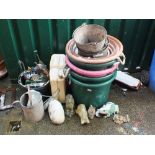 A petrol can, various sized garden tubs,