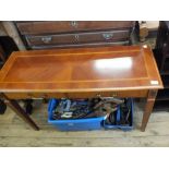 A pair of modern narrow CD racks and a mahogany hall table with two faux drawers