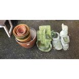 Various plant pots and three concrete garden statues