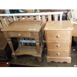 A pine bedside chest of three drawers and a pine miniature single drawer washstand