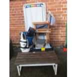 A donkey shaped planter, a bench, two deck chairs, two directors chairs, bucket,