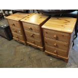 Three pine bedside chests of three drawers