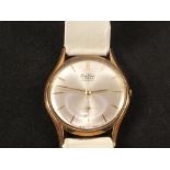 A gents 9ct gold cased Bentima Star Incabloc 17 wristwatch on white leather strap