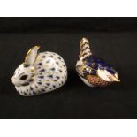 Two boxed Royal Crown Derby bird and hare paperweights