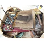 A box of various items including copper warming pan, copper kettle, silver plated cutlery set,