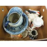 A blue and white jug and bowl plus other china