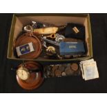 A watch stand, a gents Paul Jobin wristwatch, coins,