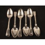 A set of six silver spoons with initials,