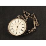 A silver cased centre seconds chronograph pocket watch with a silver watch chain