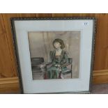 Christine Schwarz watercolour of a seated lady,