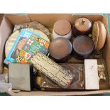 Five various storage jars/caddy's, darts, bridge board,