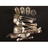 A quantity of various silver plated cutlery plus four cut glass silver plated condiments