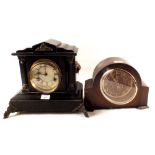 A Victorian ebonised mantel clock plus an oak mantel clock