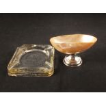 A silver mounted mother of pearl dish plus a Caleys glass ashtray