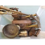 A selection of brass and copper including trinket poker set,