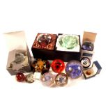 Various glass and other paperweights including Caithness,