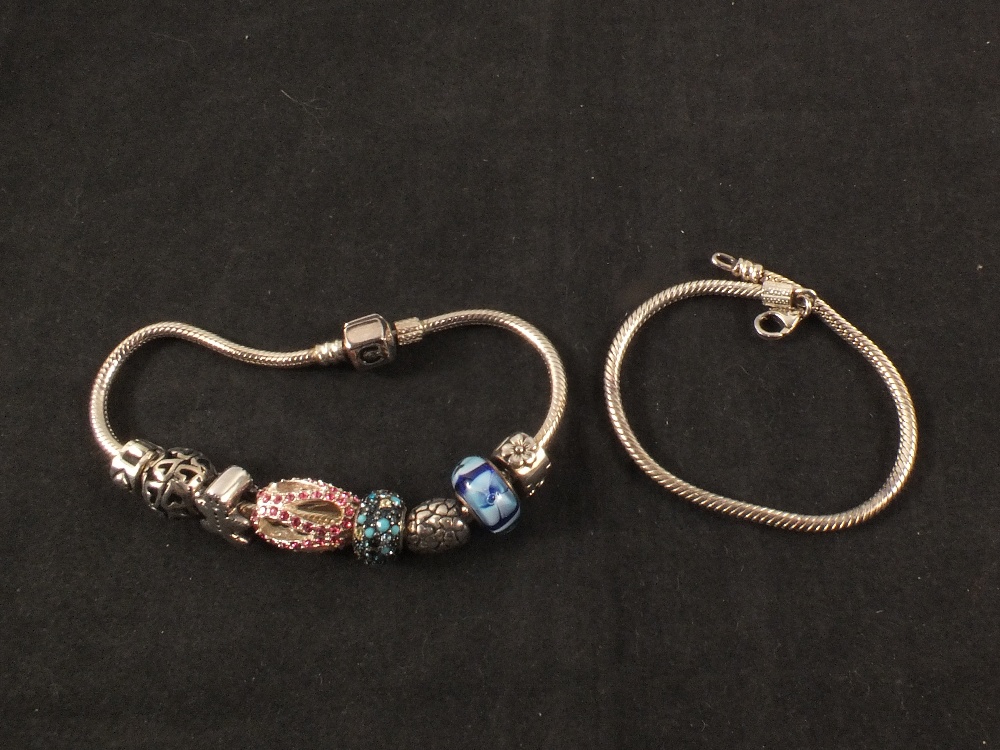 A Chamilia silver charm bracelet with eight various silver charms and a silver bracelet