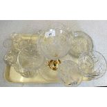 A cut glass epergne, biscuit barrel, vases,