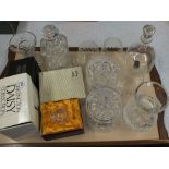 Four decanters plus various items of cut and boxed glassware (two trays)