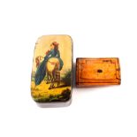 A Victorian papier mache snuff box with lady rider and horse decoration plus a fruitwood snuff box