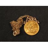 A 1913 half sovereign with soldered mounts suspended on 9ct gold chain