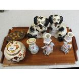 A pair of Staffordshire black and white dogs plus other china