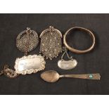 Silver port and brandy labels, two small white metal mesh purses,