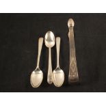 Georgian silver tongs (as found) plus three silver teaspoons