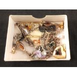 A mixed lot of silver jewellery including amber set earrings, stone set dragonfly pendant,