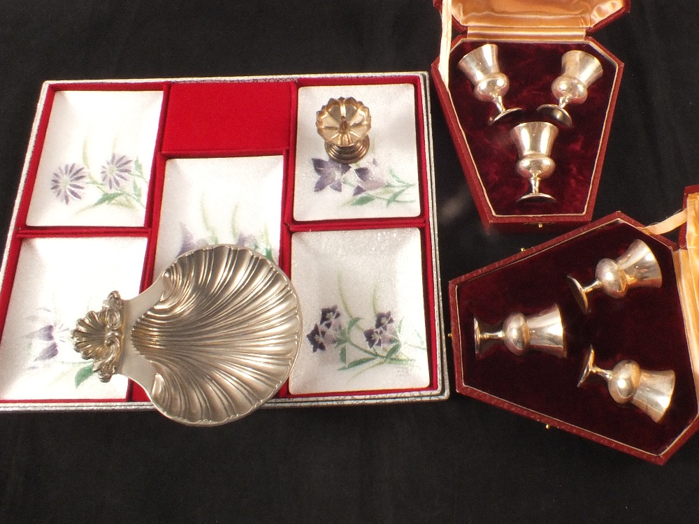 A set of five collectors enamel dishes plus other items of silver plate