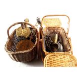 Two baskets containing brass and metalware etc