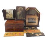 A walnut writing box (interior missing), three Art Deco picture frames,