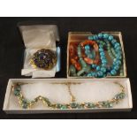 Three bead necklaces including agate and jadeite together with a large paste set costume brooch and