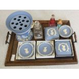 Two trays of china including seven pieces of blue Wedgwood Jasperware,