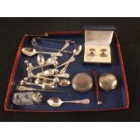 Items of small silver cutlery etc plus silver cufflinks and a cheroot holder