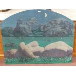 An oil painted head board of a naked lady and mountains, signed E.