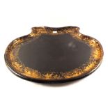 A 19th Century pen work rural landscape shaped edge tray plus a Victorian papier mache and gilt