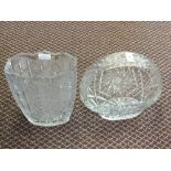 Two heavy cut glass vases and a basket