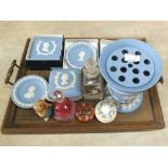 Two trays of china including seven pieces of blue Wedgwood Jasperware,