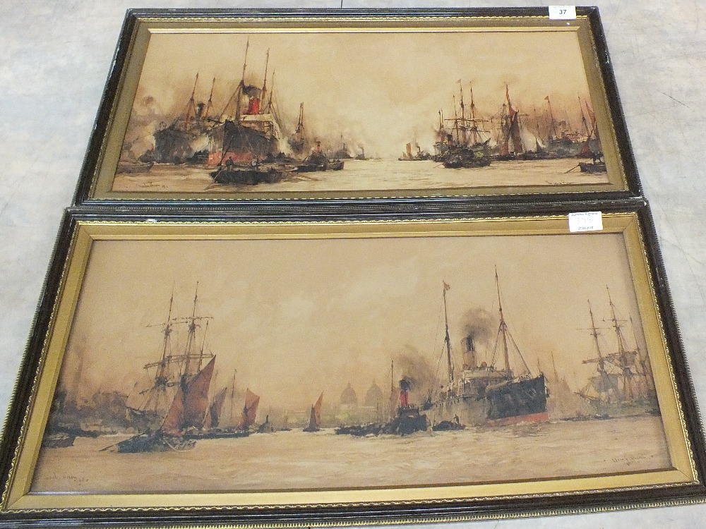 A pair of coloured prints of ships titled 'Lower Port' and 'Above Greenwich',