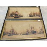 A pair of coloured prints of ships titled 'Lower Port' and 'Above Greenwich',