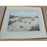 A Simon Trinder watercolour 'English Partridges in Flight', signed lower left,