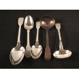 Five items of silver cutlery to include two spoons, one serving spoon (as found) and two ladles,