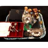 A silver plated berry spoon set, boxed cutlery, two silver sauce boats,