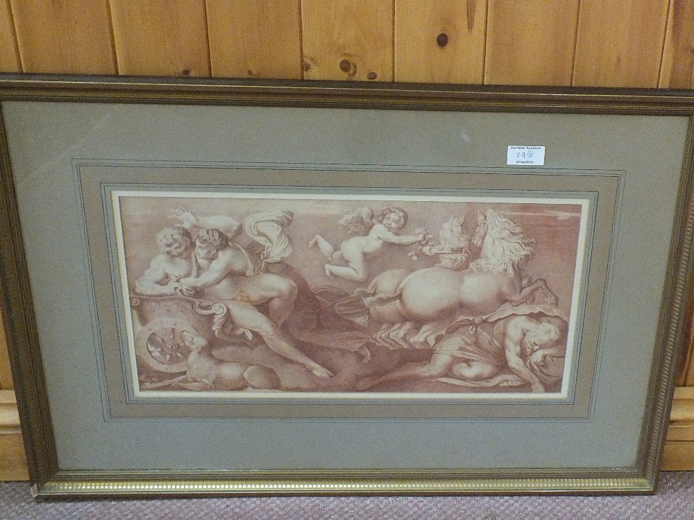 Three sepia prints of classical scenes plus an oleograph of Rubens Toilette de Venus - Image 2 of 3