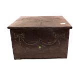 A copper log bin with bow and ceramic boss decoration plus a box of various prints